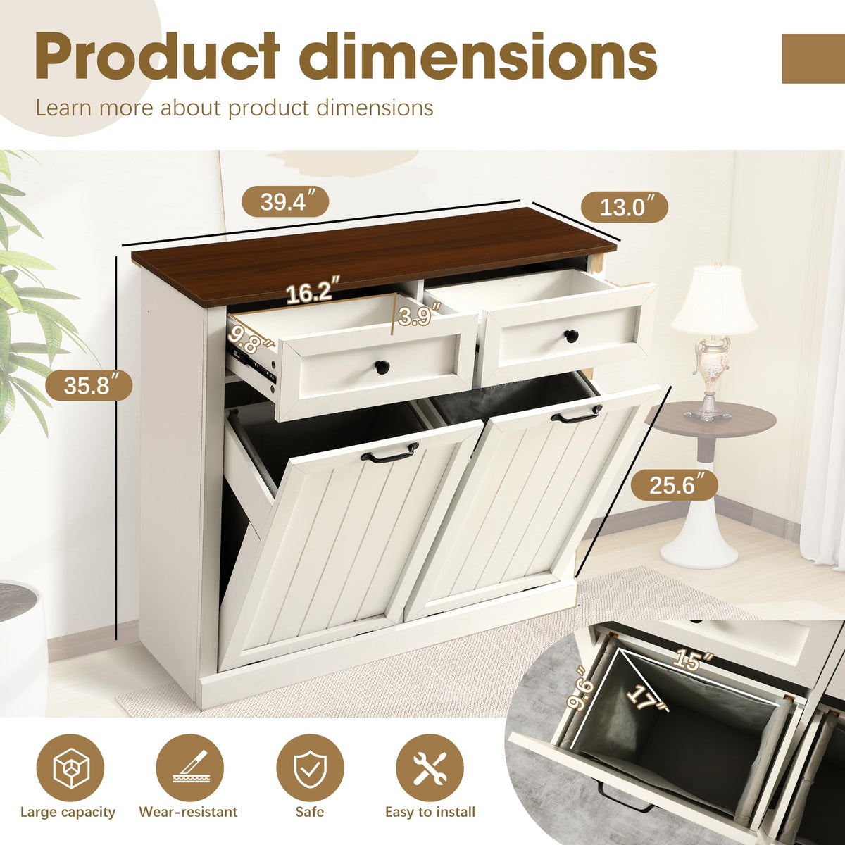 White 22 Gallon Wooden Laundry Hamper Cabinet with 2 Drawers M745909