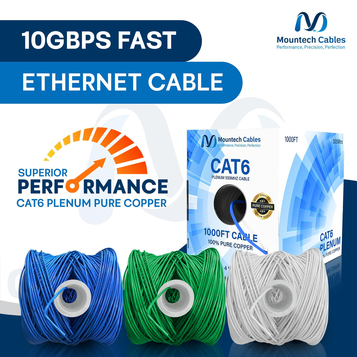 Cat6 Plenum 1000ft Pure Copper Ethernet Cable Blue O51397