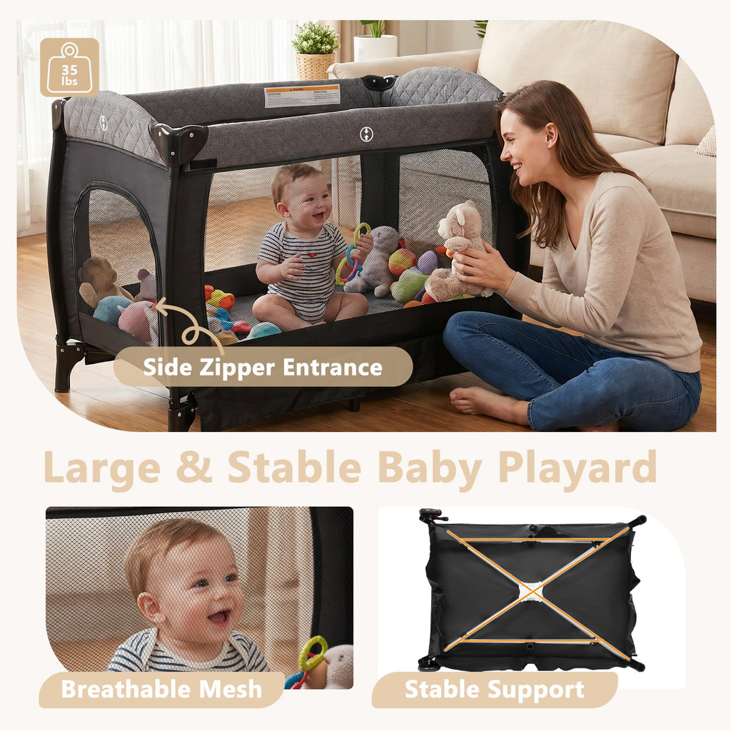 Portable Pack and Play Baby Playard with Bassinet Light Grey T320699