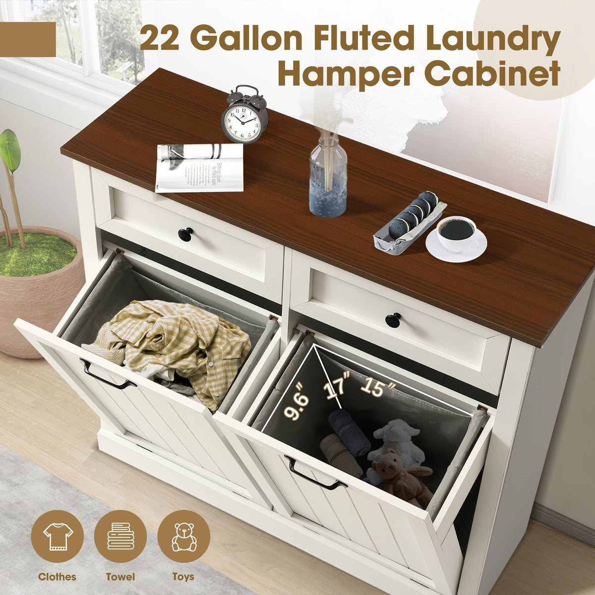 White 22 Gallon Wooden Laundry Hamper Cabinet with 2 Drawers M745909