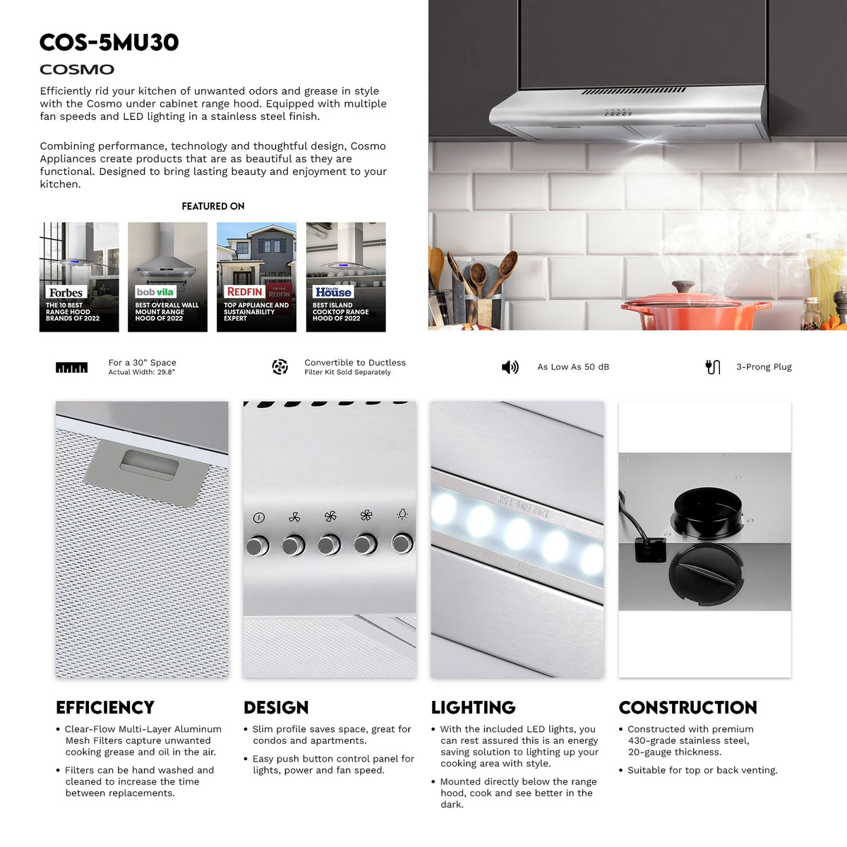 30 in. Under Cabinet Range Hood with LED Lights, Stainless Steel U307