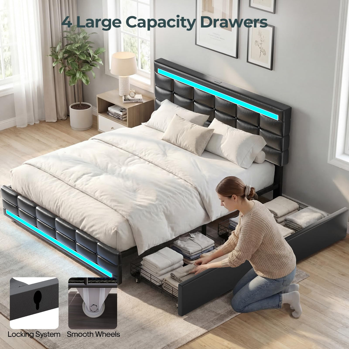 Queen Bed Frame with 4 Storage Drawers M504327