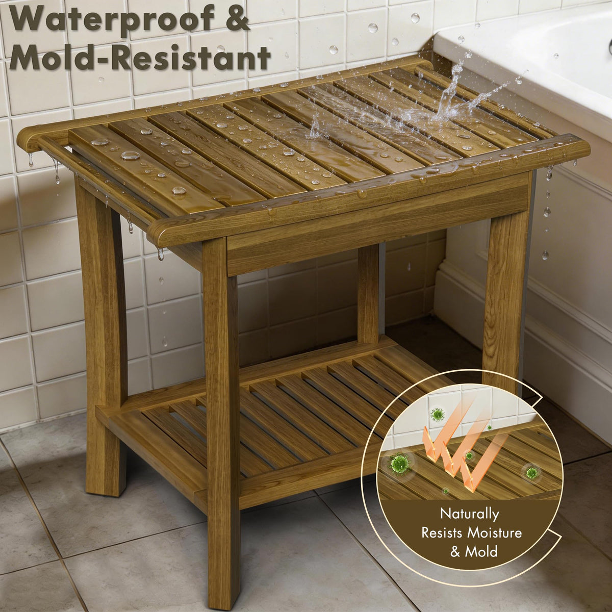 Teak Wood Shower Bench with Shelf & Arms D794