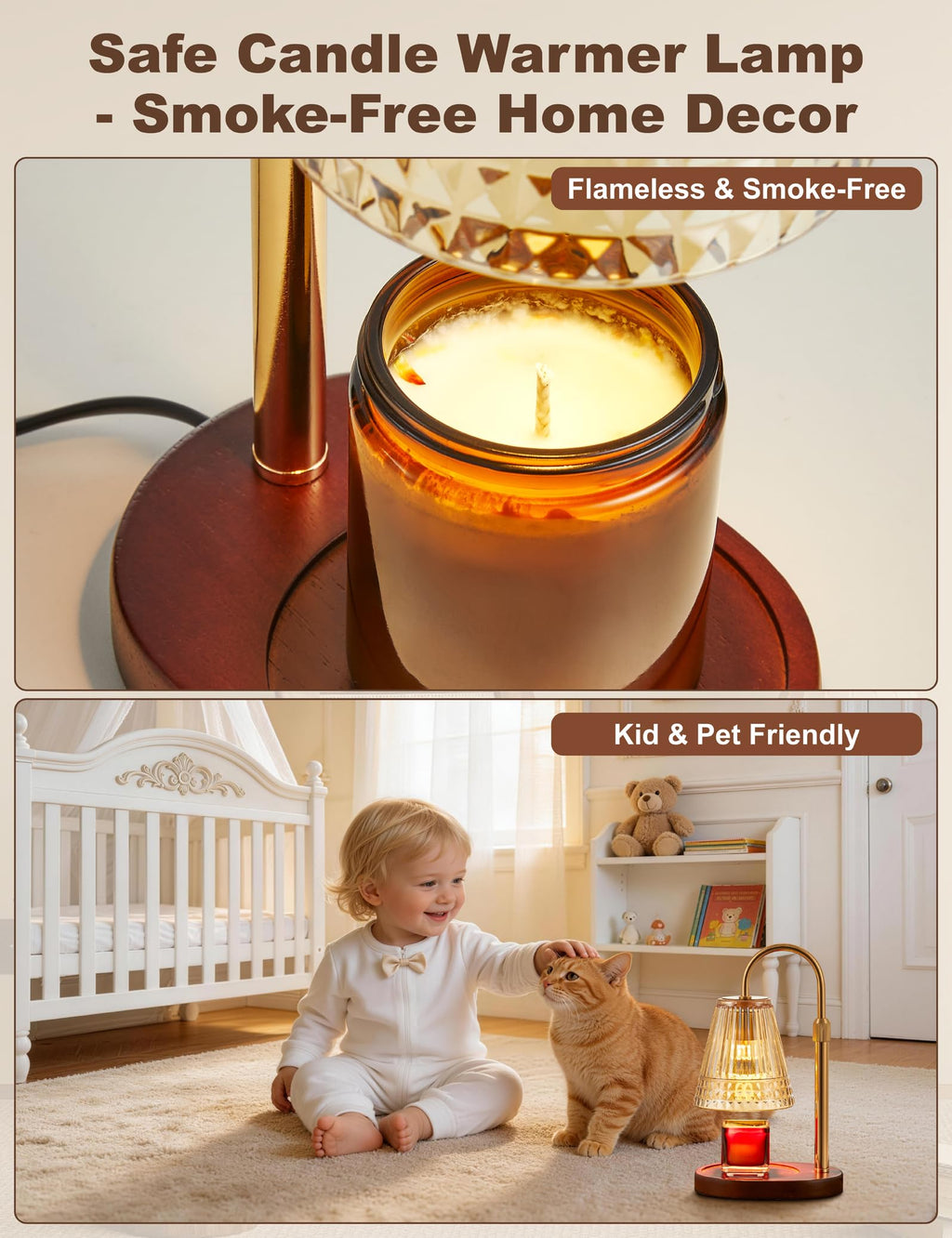 Candle Warmer Lamp with Dimmer & Timer, Adjustable Height, Amber-gold N8163