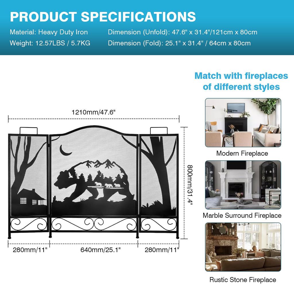 3-Panel Folding Metal Fireplace Screen Black L578