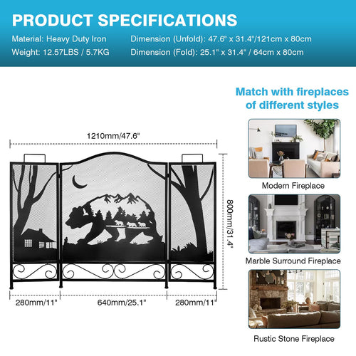 3-Panel Folding Metal Fireplace Screen Black L578