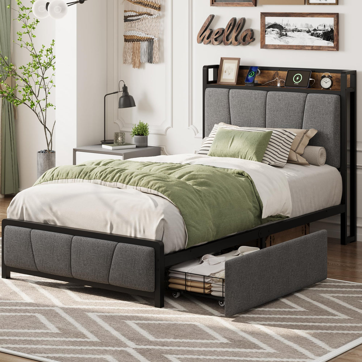 Grey Twin Size Linen Upholstered Platform Bed Frame with 2 Storage Drawers E3227