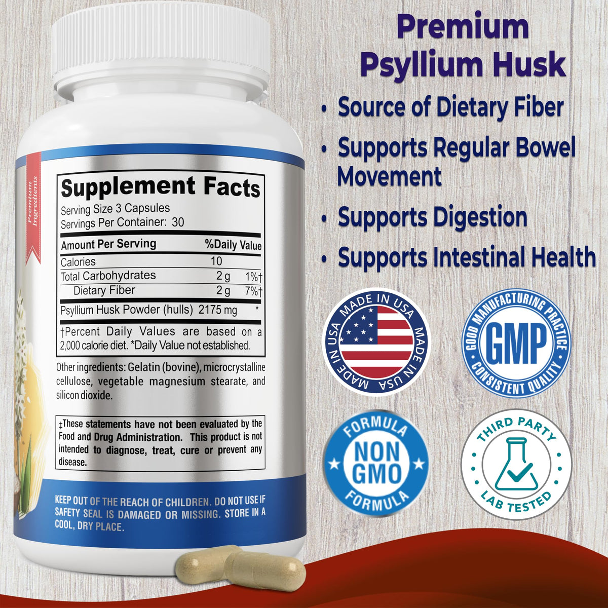 Psyllium Husk Dietary Fiber Supplement 2175mg 90 Capsules C57148