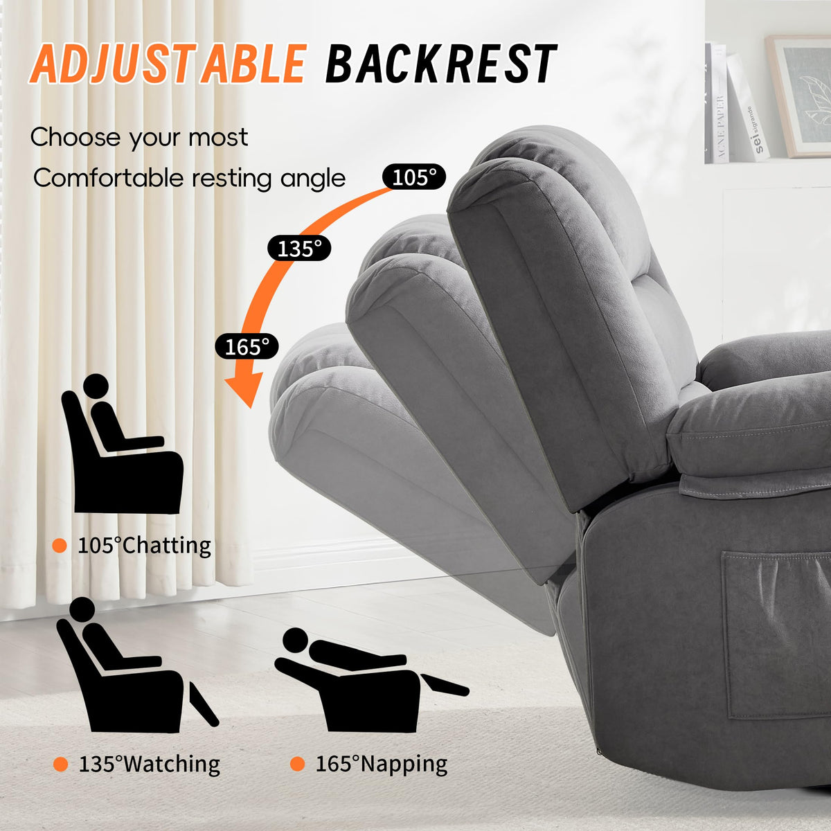 Grey Manual Swivel Rocking Recliner Chair with Massage and Heating N3347