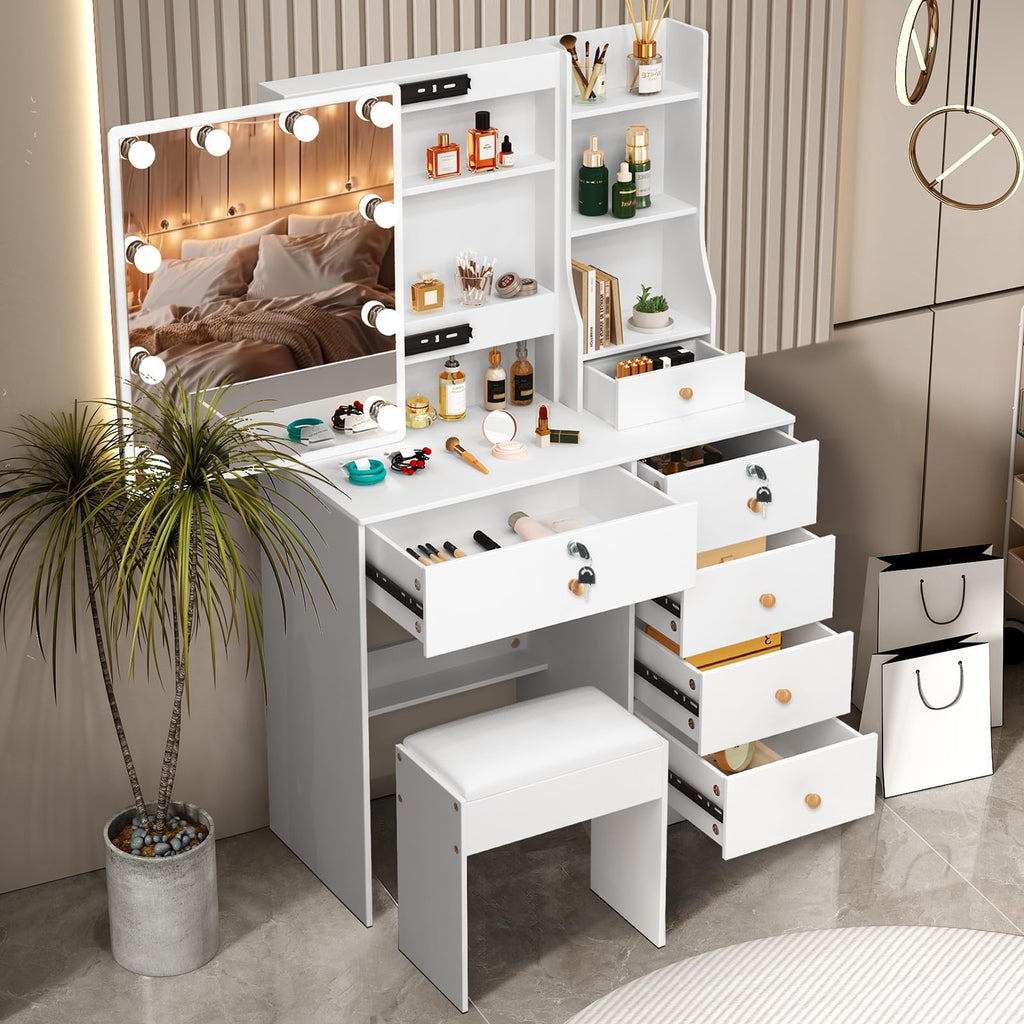 White Vanity Mirror with Lights Desk and Chair 5 Drawers Makeup Table U7573