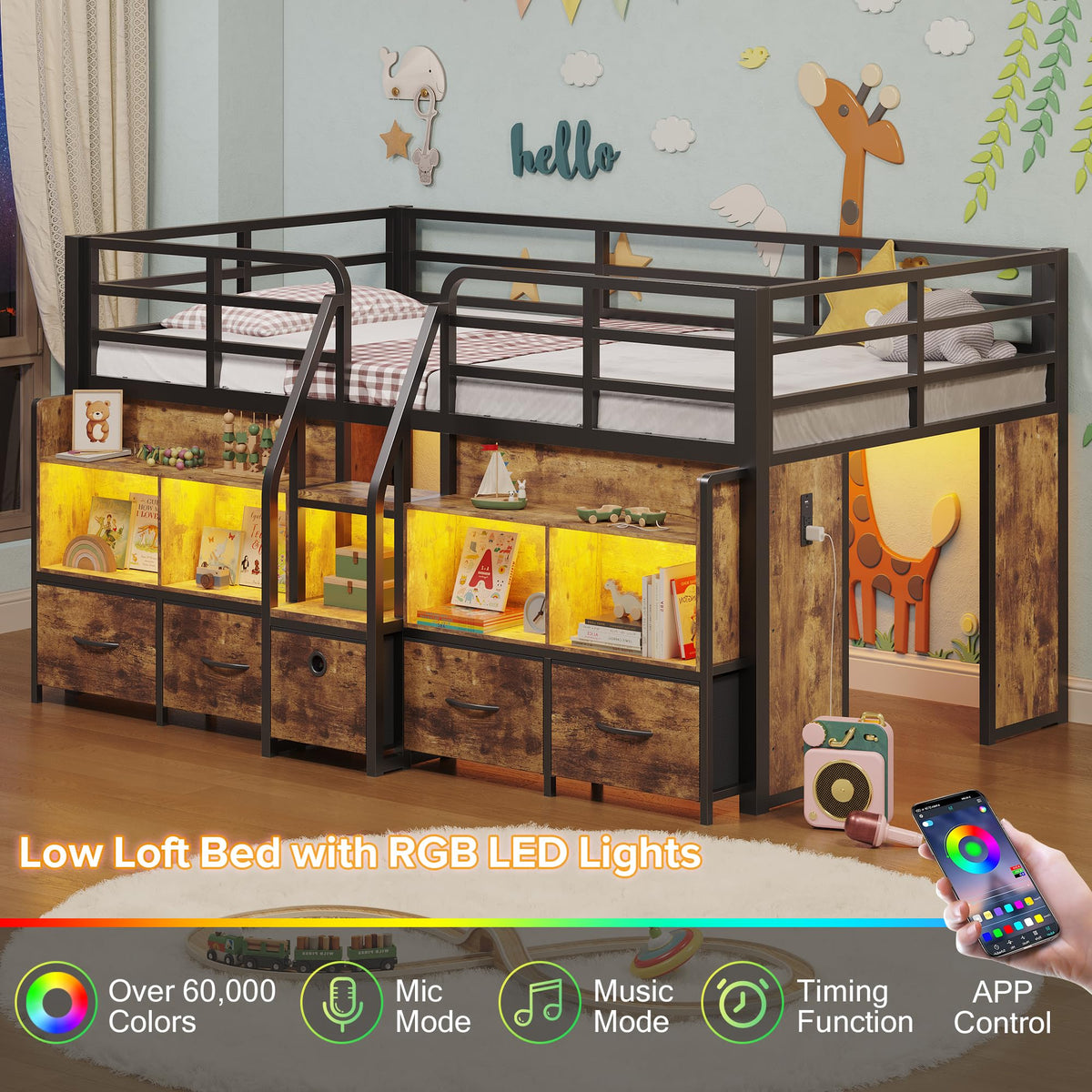 Twin Low Loft Bed with 5 Storage Drawers and 6 Bookcase C425