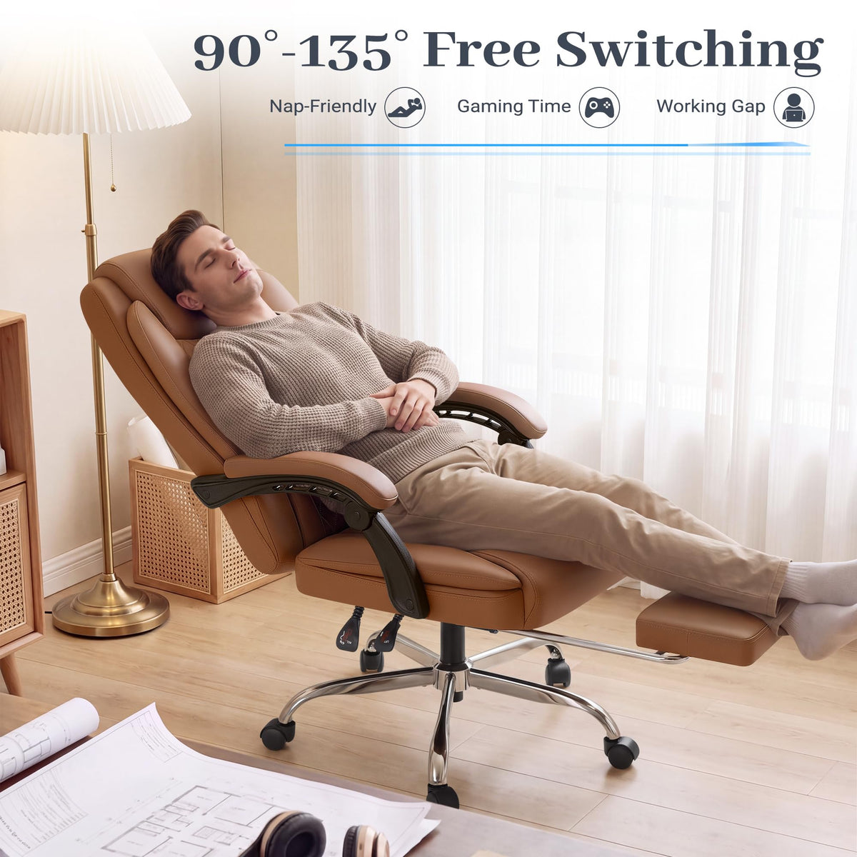 Brown Leather Ergonomic High Back Office Chair with Footrest X62945