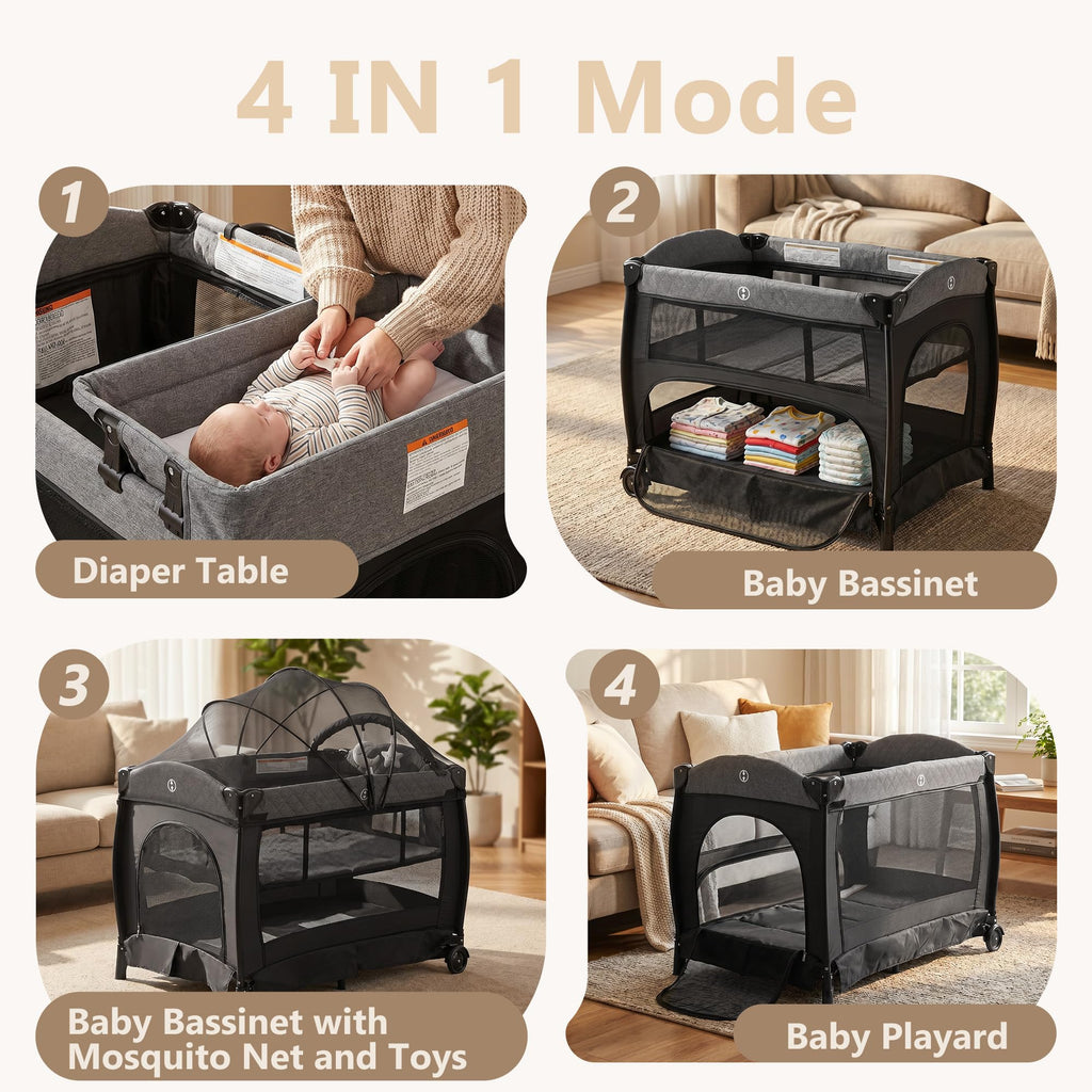 Portable Pack and Play Baby Playard with Bassinet Light Grey T320699
