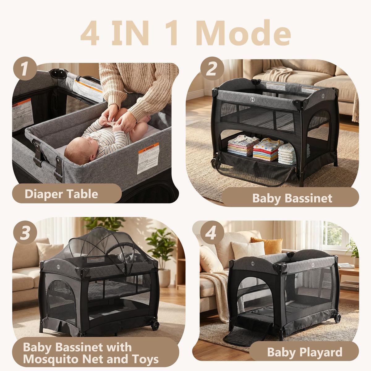 Portable Pack and Play Baby Playard with Bassinet Light Grey T320699