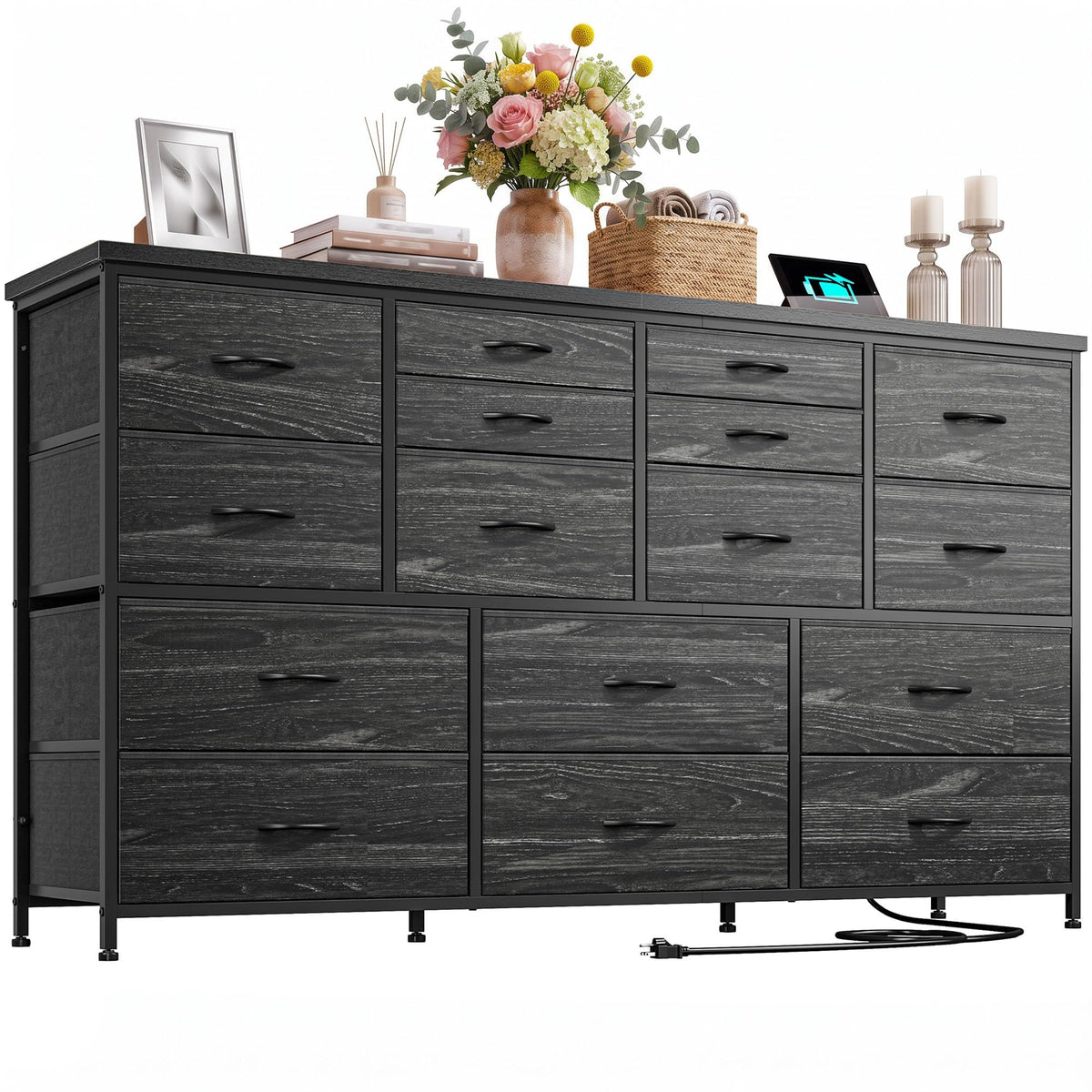 Black 16 Fabric Drawer Dresser with TV Stand G7713