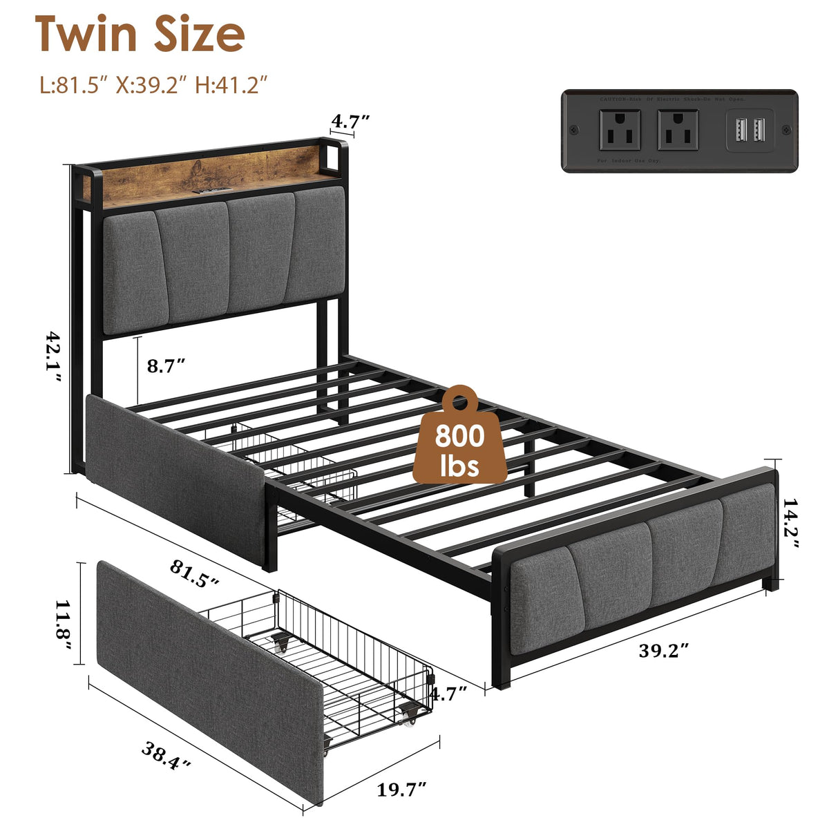 Grey Twin Size Linen Upholstered Platform Bed Frame with 2 Storage Drawers E3227