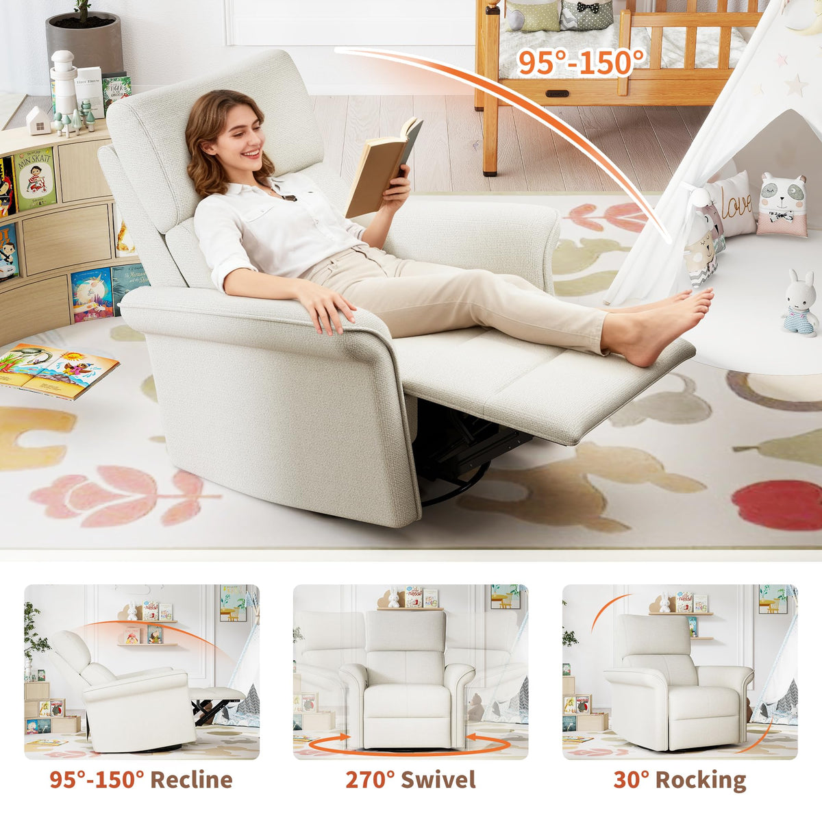 Fabric Light Gray Swivel Rocker Recliner Chair G48147