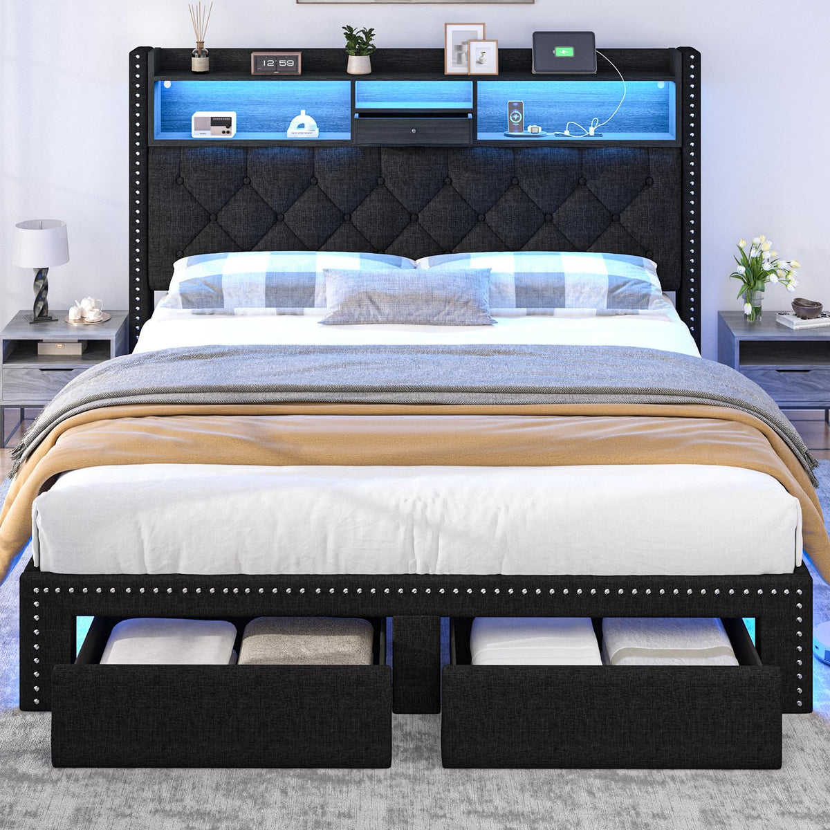 Queen Size Black Upholstered Platform Bed Frame with Storage Headboard and 2 Drawers R33291