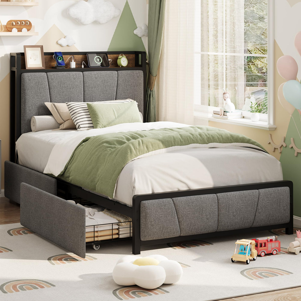 Grey Twin Size Linen Upholstered Platform Bed Frame with 2 Storage Drawers E3227