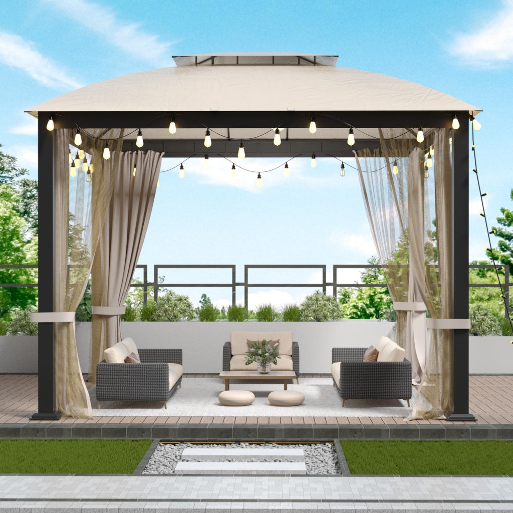 10x10 FT Soft Top Gazebo Canopy with Mosquito Netting & Privacy Curtains Q199