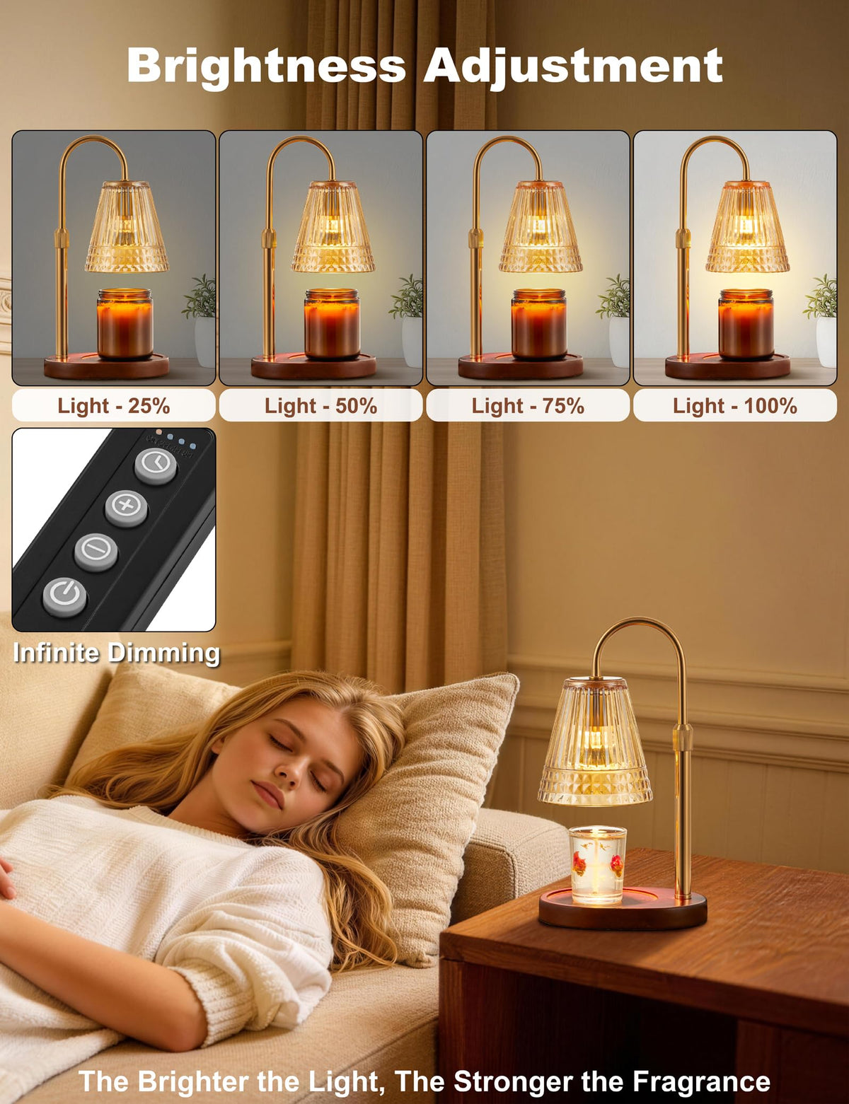 Candle Warmer Lamp with Dimmer & Timer, Adjustable Height, Amber-gold N8163