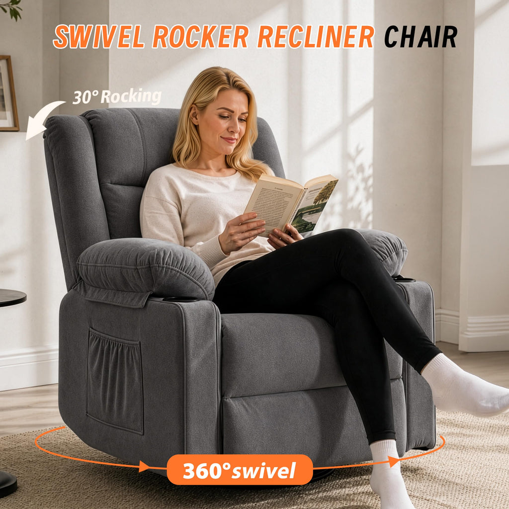 Grey Manual Swivel Rocking Recliner Chair with Massage and Heating N3347