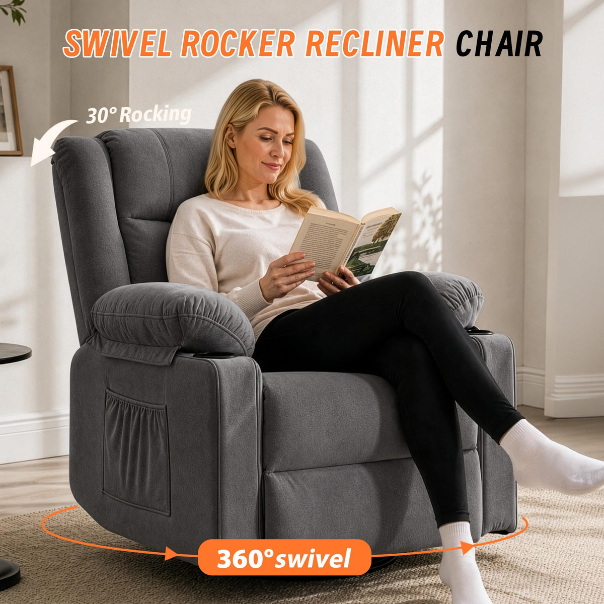 Grey Manual Swivel Rocking Recliner Chair with Massage and Heating N3347
