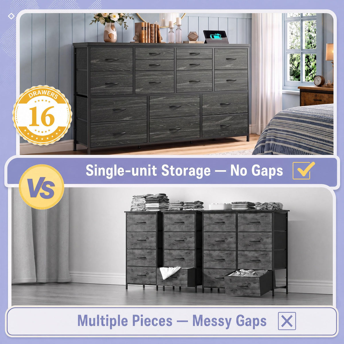 Black 16 Fabric Drawer Dresser with TV Stand G7713