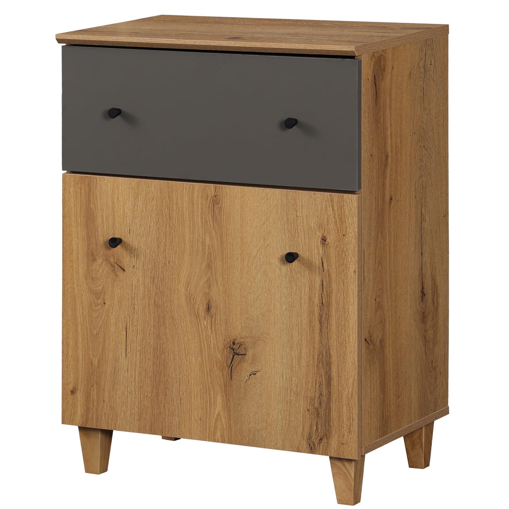 Oak Brown Dark Grey Wood Storage Cabinet with Drawer and Door K888305