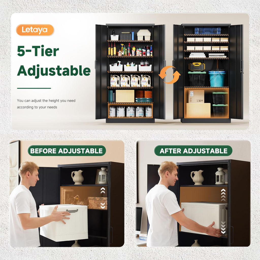 Metal Garage Storage Cabinets with Lock, 72 Tall Steel Lockers, 5 Adjustable Shelves, Black T1466