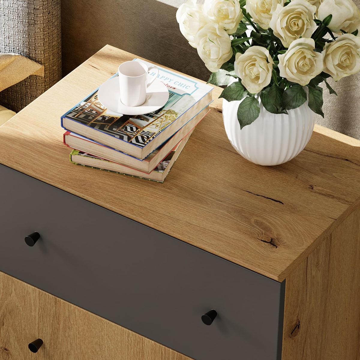 Oak Brown Dark Grey Wood Storage Cabinet with Drawer and Door K888305