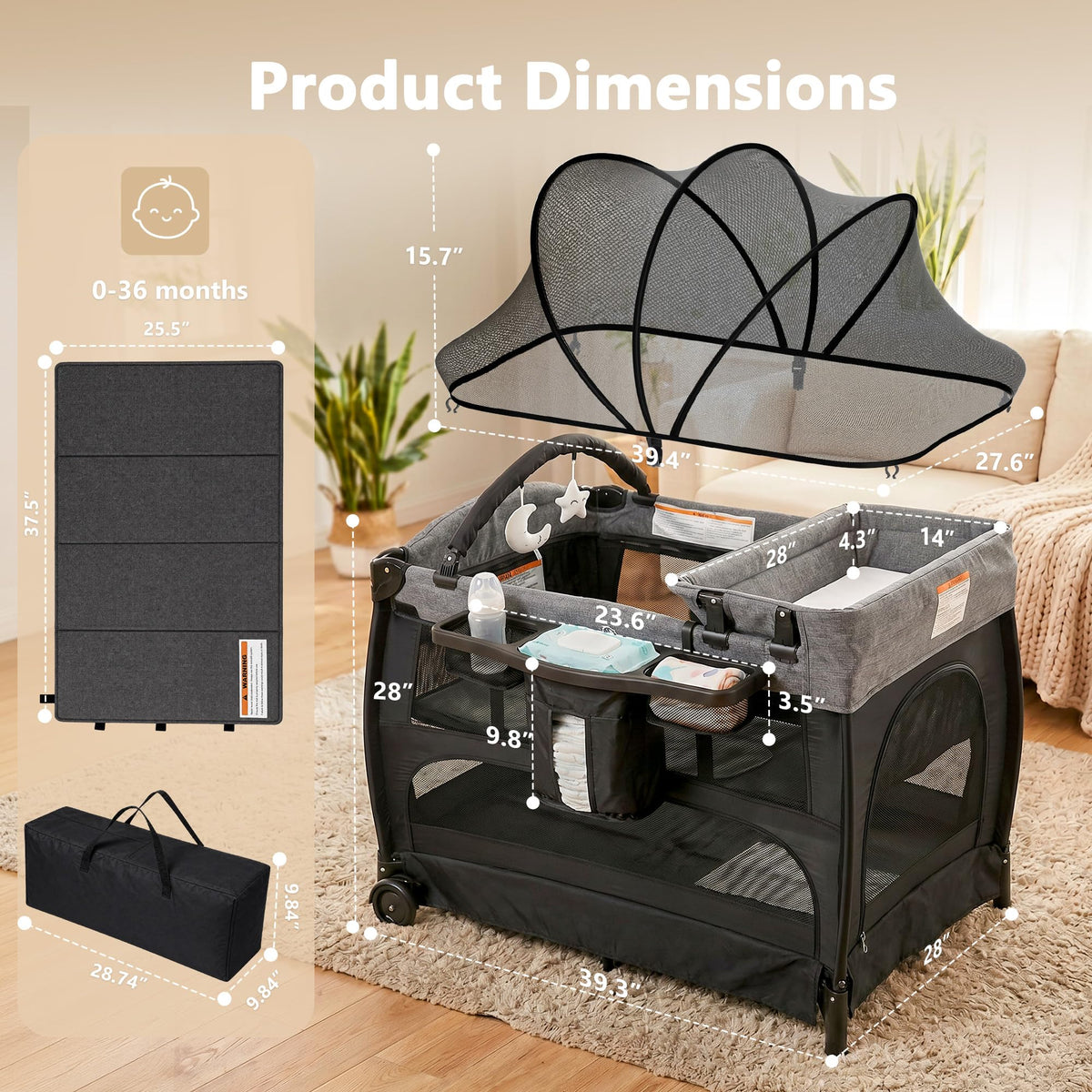 Portable Pack and Play Baby Playard with Bassinet Light Grey T320699