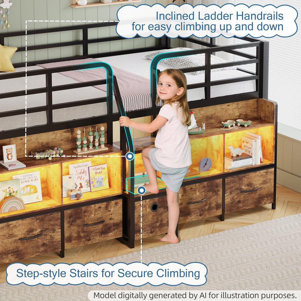 Twin Low Loft Bed with 5 Storage Drawers and 6 Bookcase C425