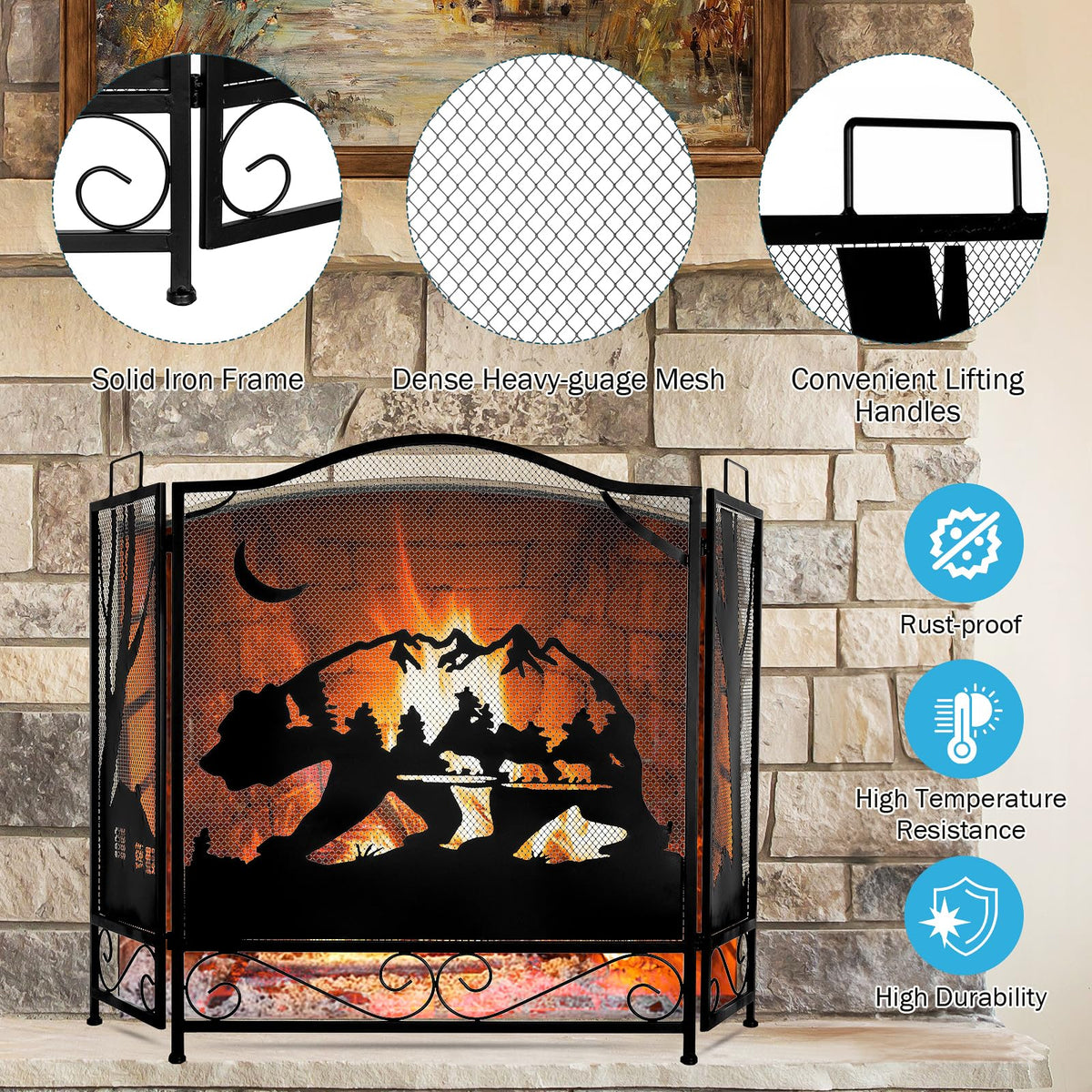 3-Panel Folding Metal Fireplace Screen Black L578