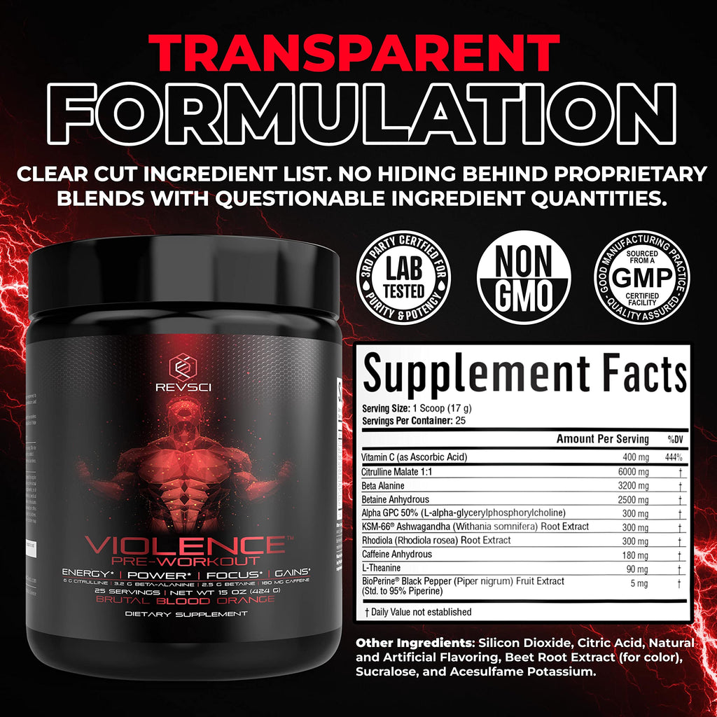 Pre Workout Powder 180 mg Caffeine L Theanine L Citrulline Malate Beta Alanine Alpha GPC 25 Servings Blood Orange S529274