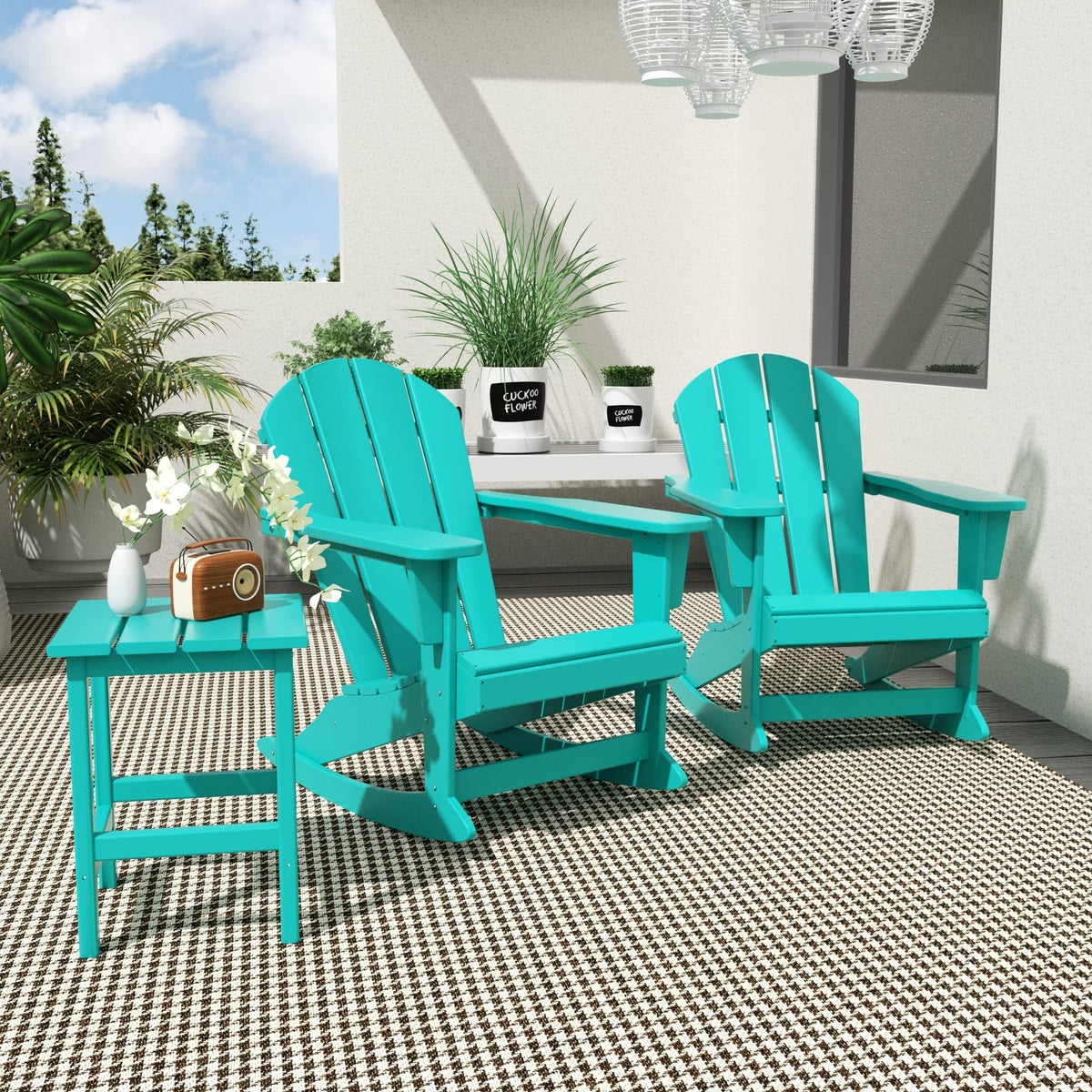 HDPE Turquoise Poly Adirondack Rocking Chair 3-Piece Set with Side Table R104915