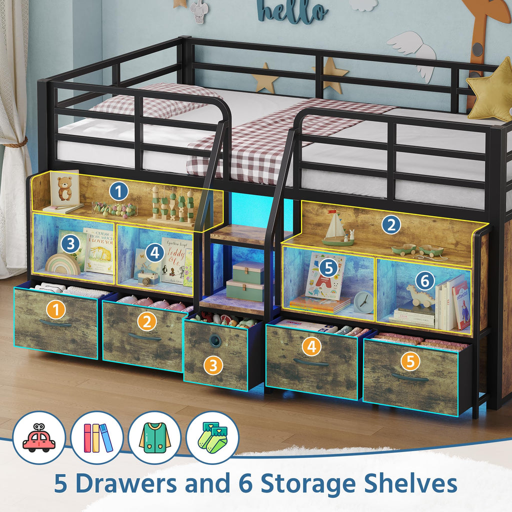 Twin Low Loft Bed with 5 Storage Drawers and 6 Bookcase C425