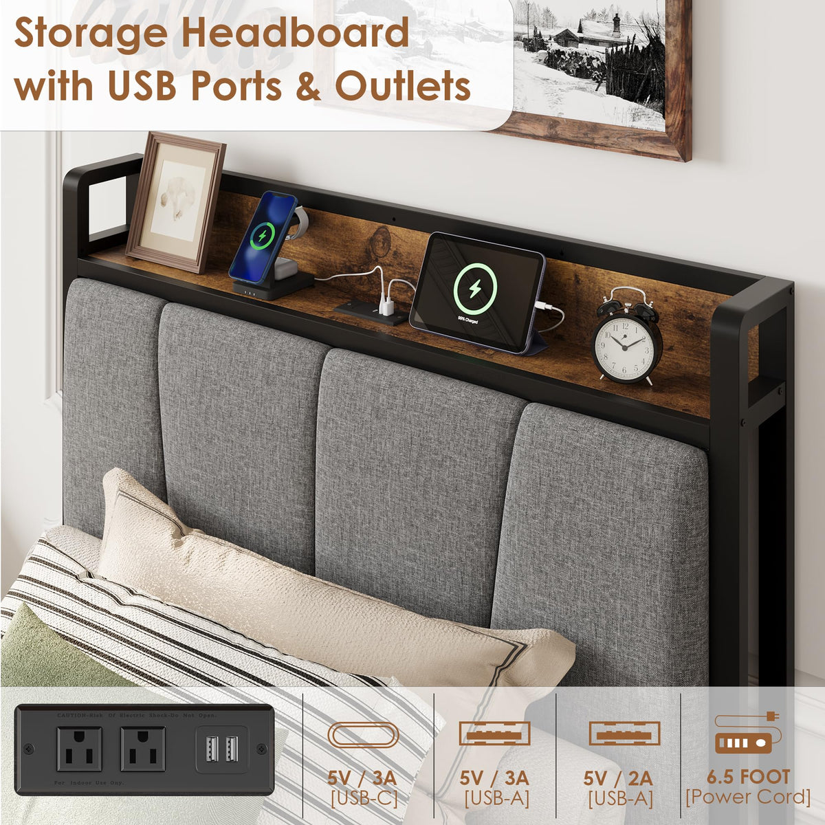 Grey Twin Size Linen Upholstered Platform Bed Frame with 2 Storage Drawers E3227
