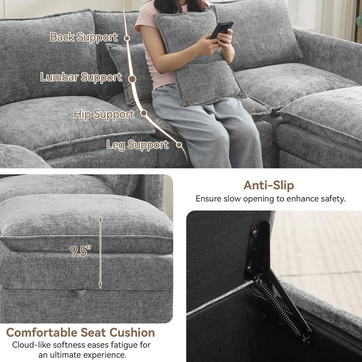 Light Grey Chenille 2 Seater Loveseat Sofa with Storage O440