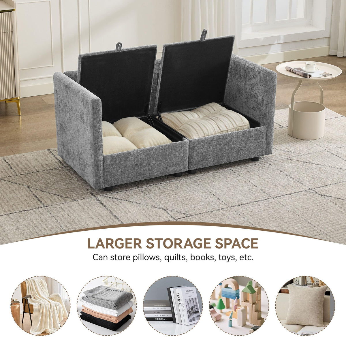 Light Grey Chenille 2 Seater Loveseat Sofa with Storage O440