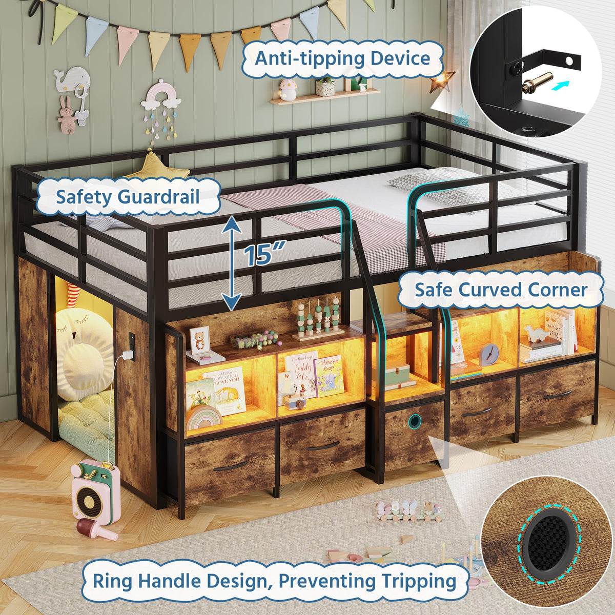 Twin Low Loft Bed with 5 Storage Drawers and 6 Bookcase C425