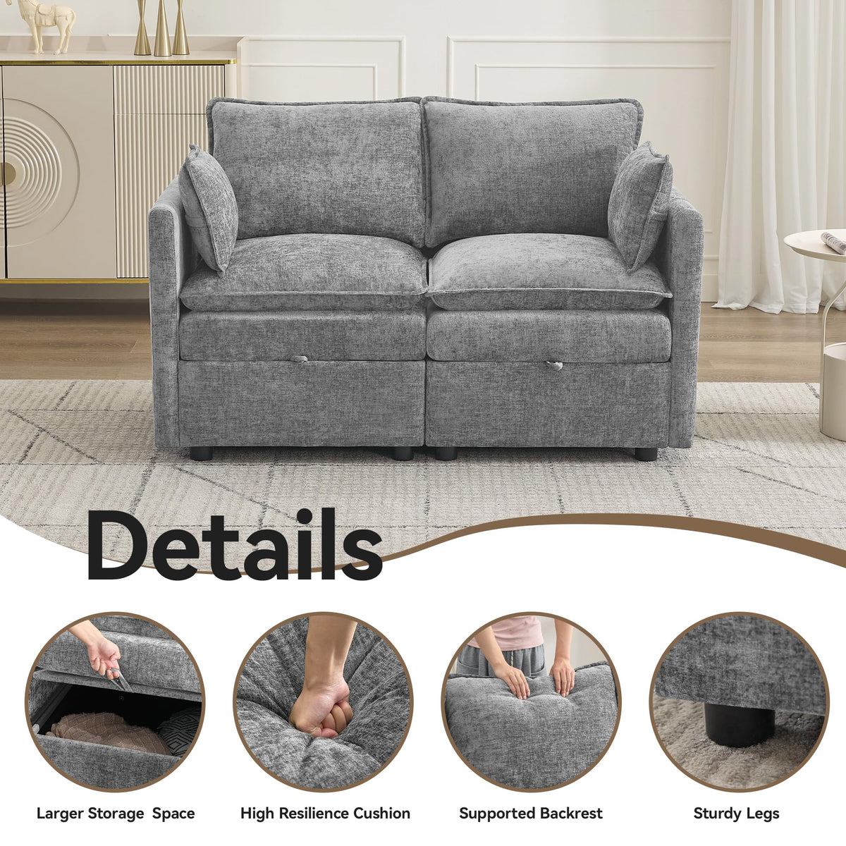Light Grey Chenille 2 Seater Loveseat Sofa with Storage O440